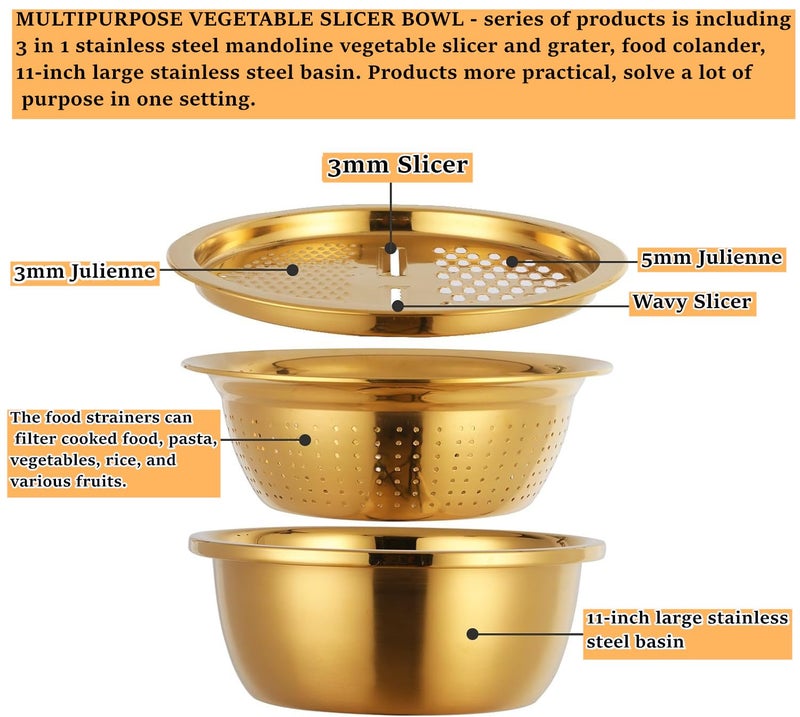 QOBIMOON 3PC/Set Colander set Stainless Steel Vegetable Slicer Fruit Potato Peeler Carrot Grater Strainer Utensil Round Rice Washer Bowl Drain Basket-Gold - Image 2
